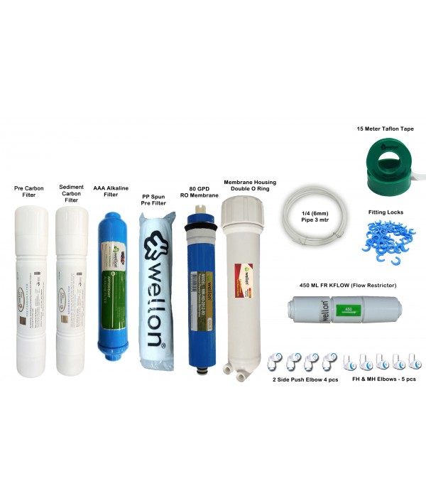 Wellon 13 Item Premium Product Replacement Service Kit (80 GPD Gold RO Membrane (Works Till 2000 TDS) with Membrane Housing, AAA Alkaline Filter) Suitable for All RO Water Purifier System